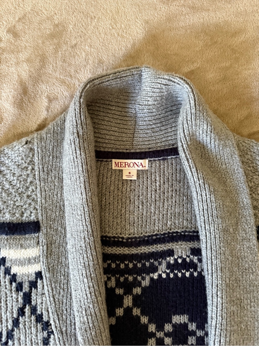 Merona Gray Shawl-Collar Fair Isle Knit Cardigan with Navy & Cream Detail - Picture 2 of 7